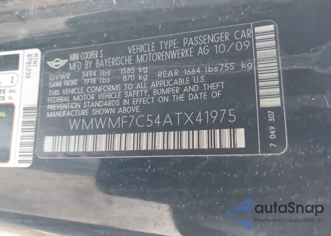 2010 Mini Cooper S from USA, damaged, VIN WMWMF7C54ATX41975